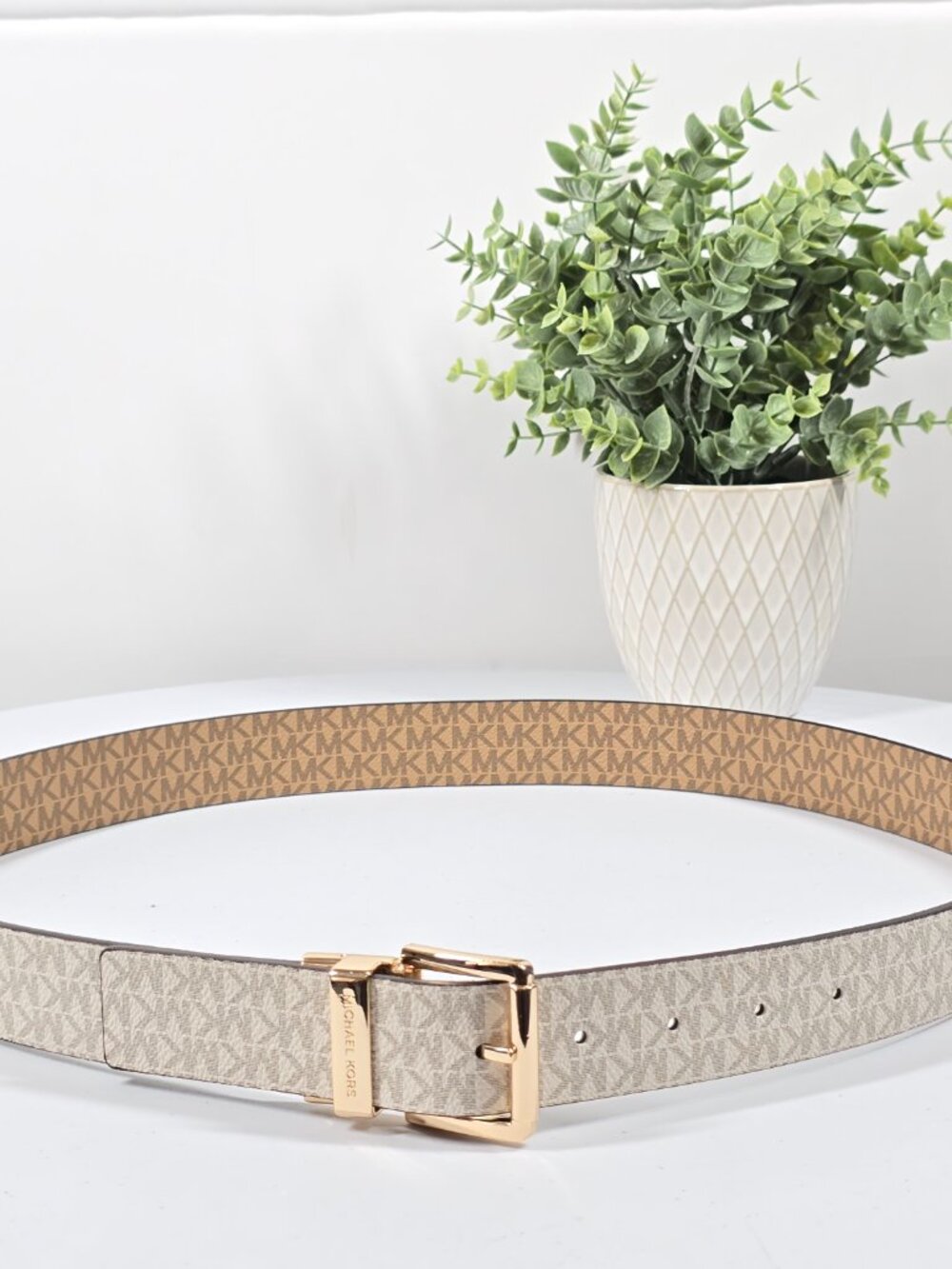 MICHAEL Michael Kors Reversible Belt Women L Cream Gold Buckle NWT
